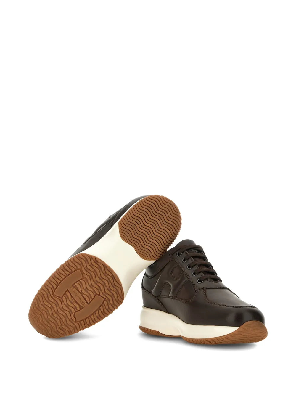 Hogan interactive sneakers with one showing outsole, dark brown upper and white sole