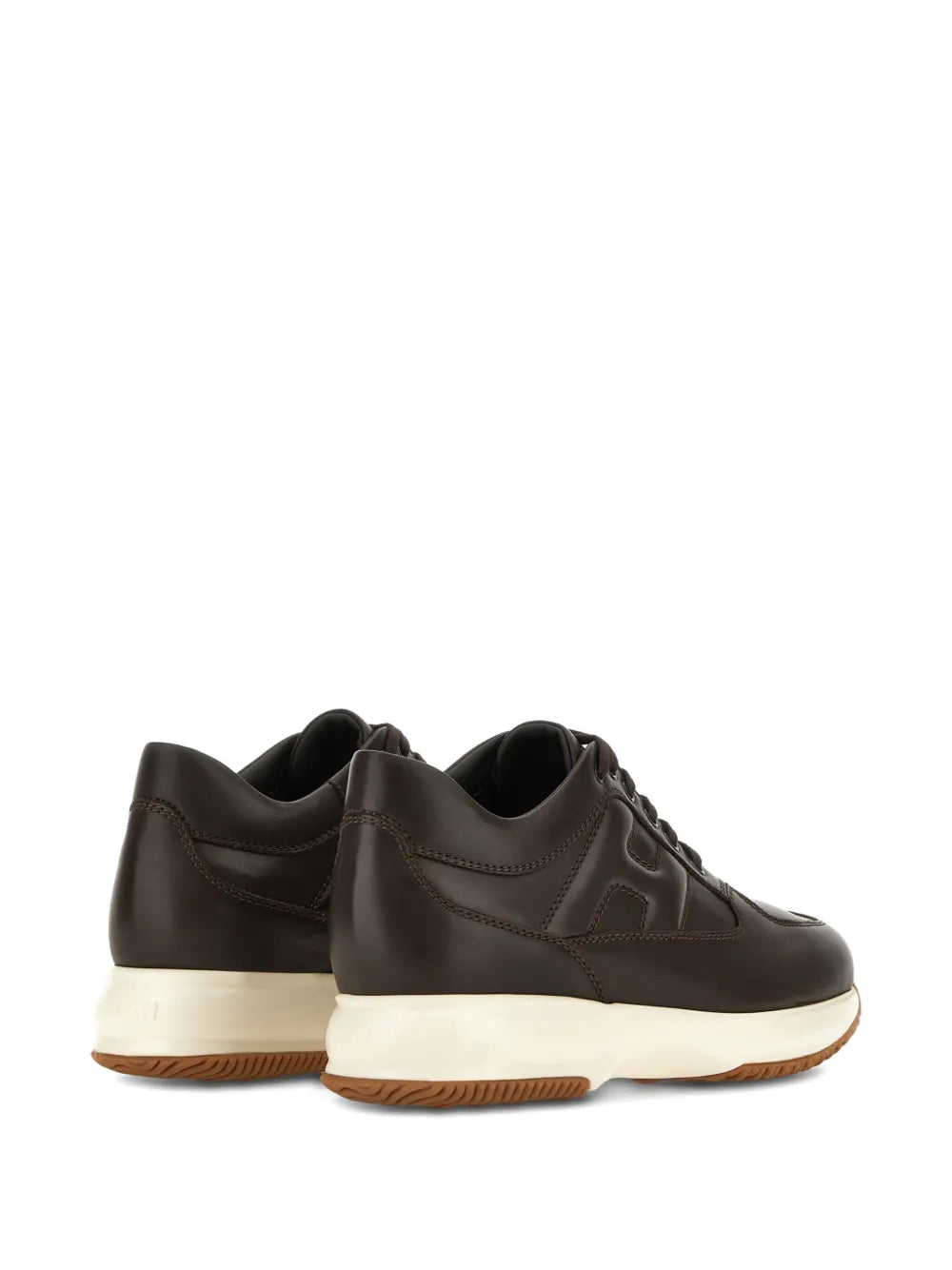 Hogan interactive sneakers pair, dark brown leather-look with lace-up front and white sole