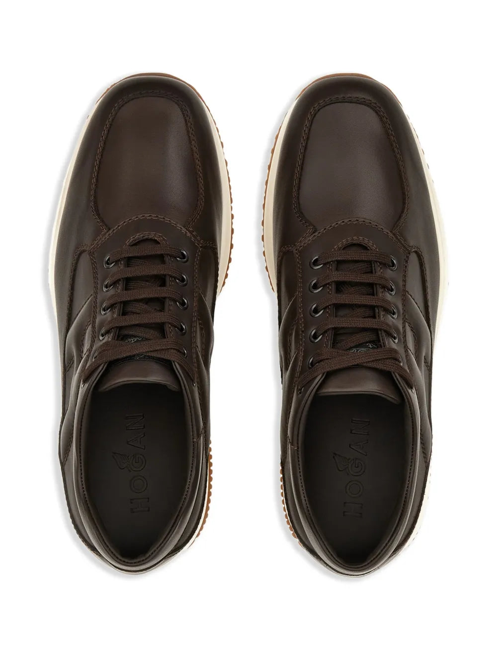 Hogan interactive sneakers in dark brown, front view with lace-up and cushioned collar