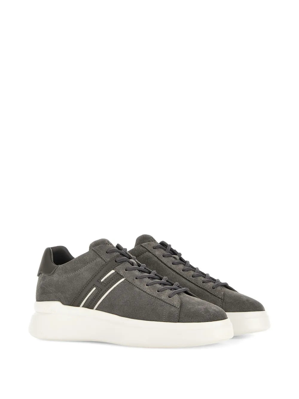 Hogan H580 low-top sneakers, dark gray suede, side profile with white stripes