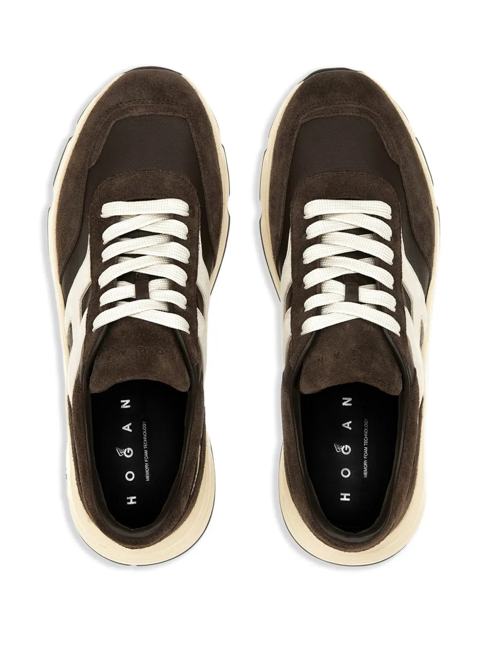 Coffee brown low-top sneakers with white laces and Hogan logo on inner lining