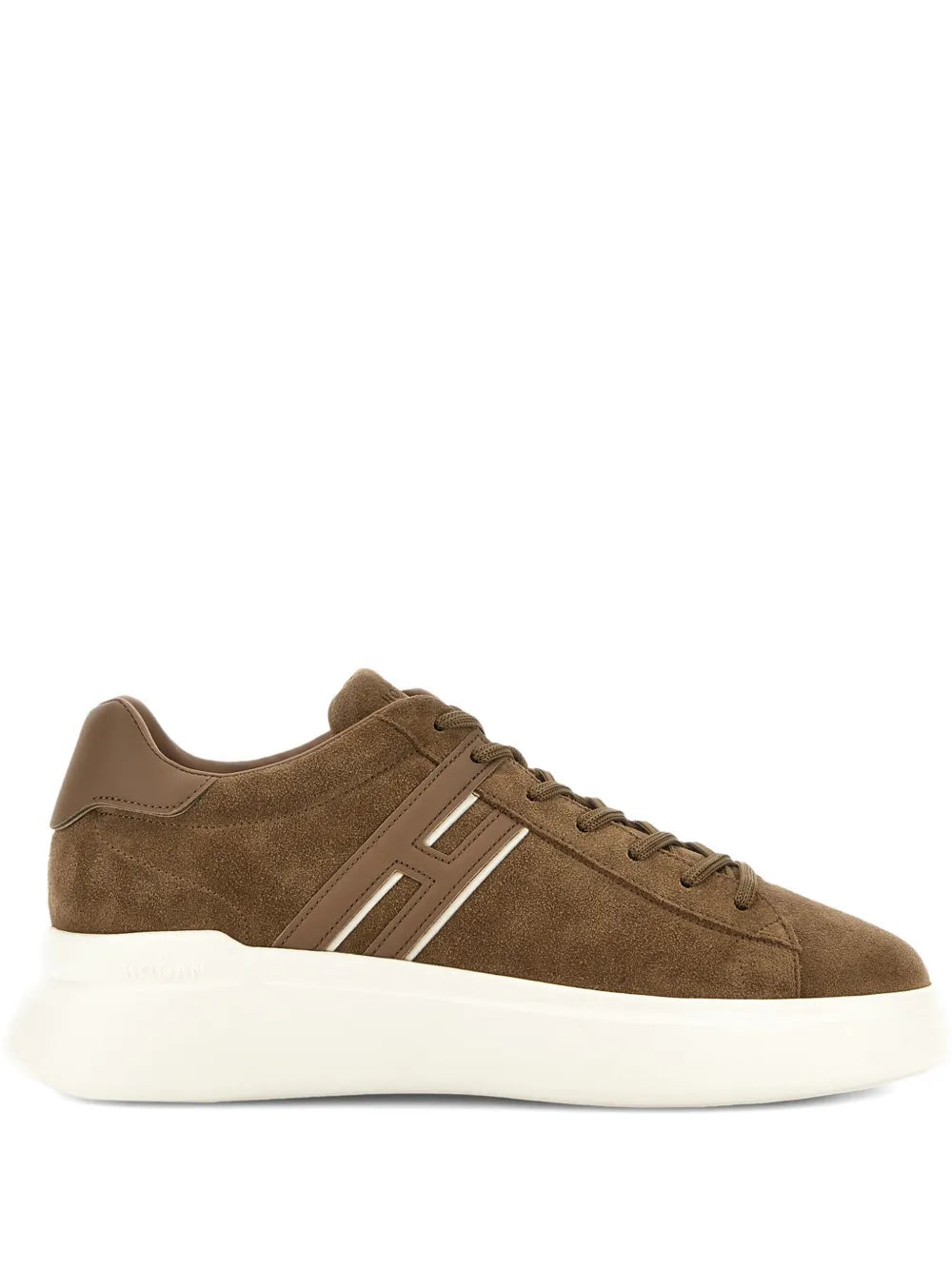 Hogan H580 earth brown suede lace-up sneakers with white rubber sole and side stripes