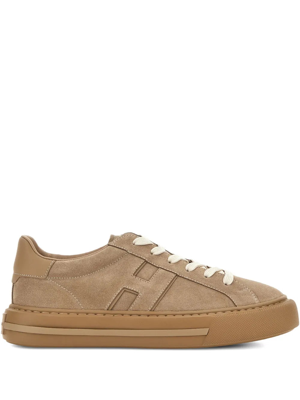 Hogan H691 beige suede sneakers with white lace-up and gum rubber sole