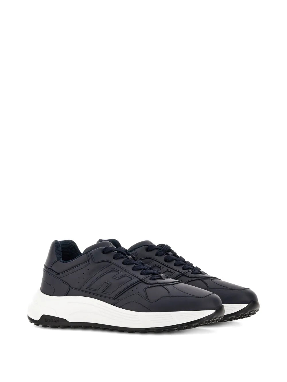 Dark blue low-top lace-up sneakers with side logo panels and white midsole