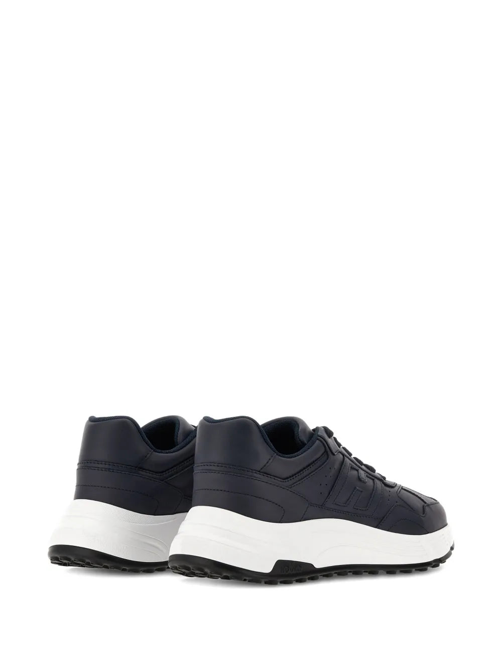 Dark blue lace-up sneakers with white midsole and rear heel tabs