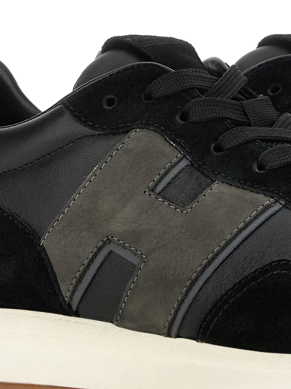 Hogan H601 sneakers close-up of black laces, grey panels, and stitched upper