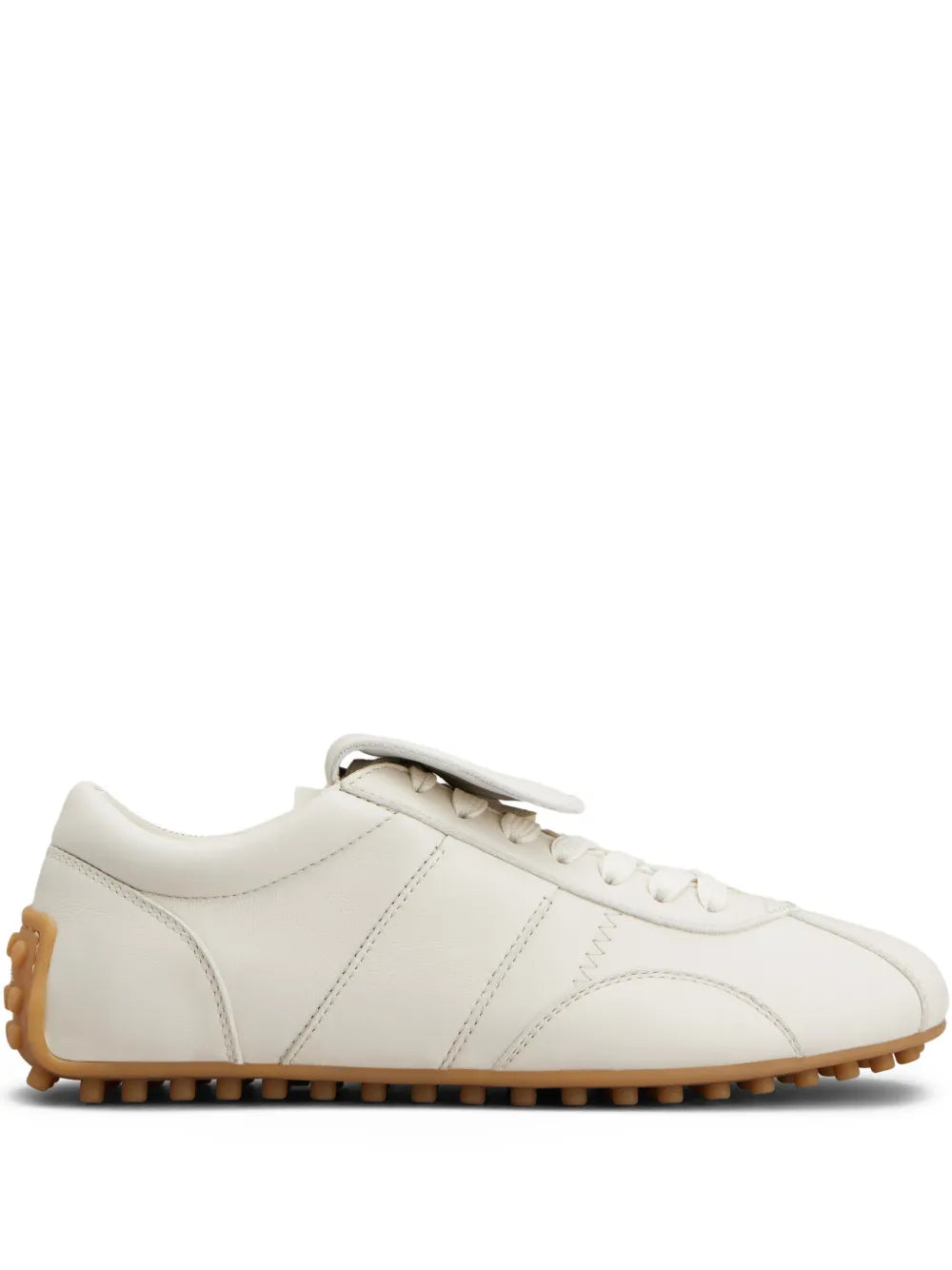 Beige leather lace-up sneaker with panelled overlays and gum rubber sole