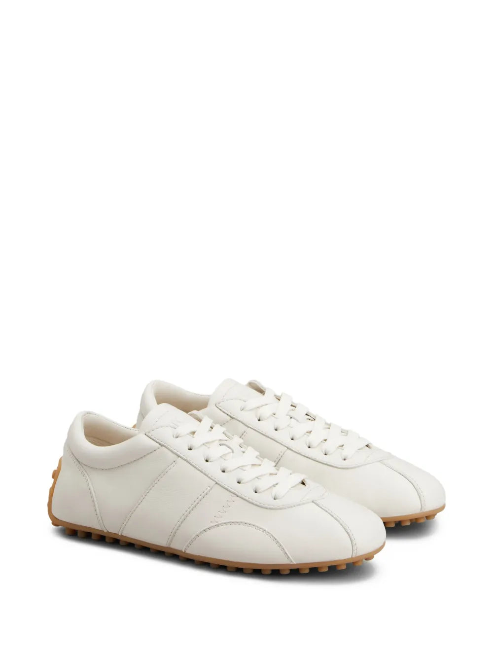 Beige leather lace-up sneaker with stitched panels and gum rubber outsole