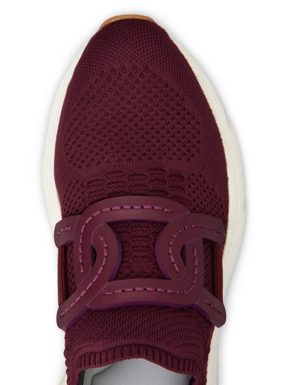 Burgundy knit slip-on toe close-up with strap and stitched details