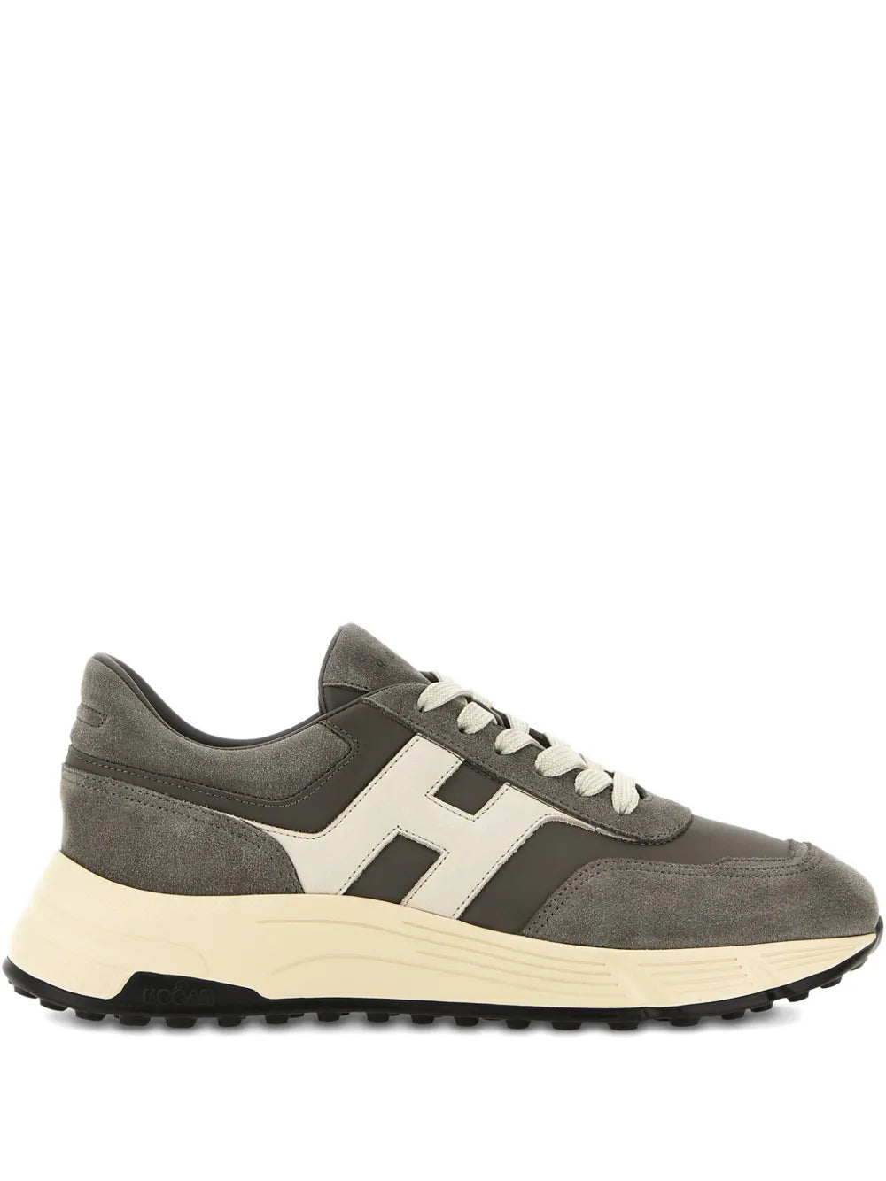 Grey lace-up sneakers with white H side stripes and cream sole, rugged tread