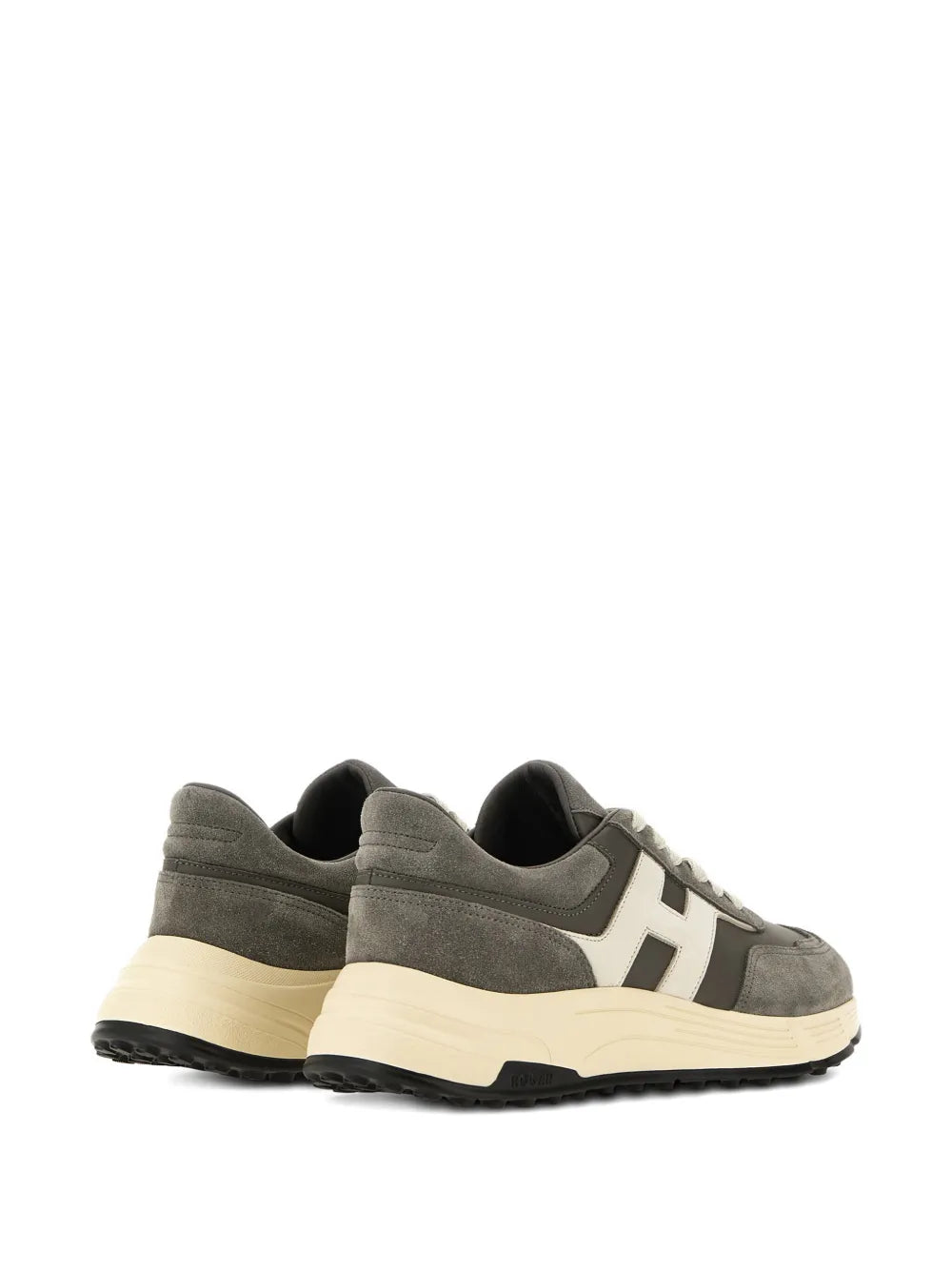 Grey lace-up sneakers with white heel-and-side stripe, cream sole and lace-up