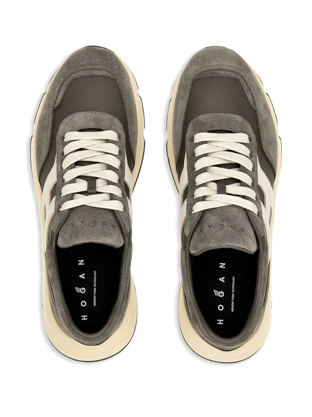 Grey suede lace-up sneakers with white laces and cream sole, top view