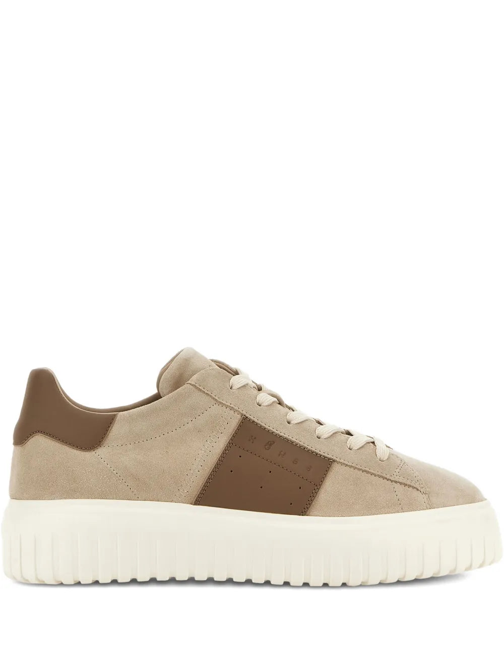 Almond beige Hogan H-Stripes sneakers with brown stripe panels and white rubber sole