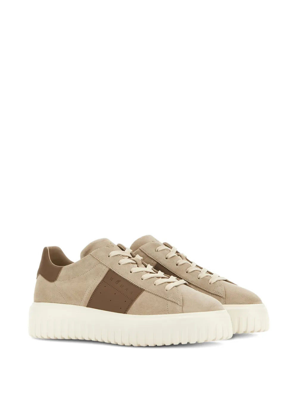 Almond beige Hogan H-Stripes low sneakers with brown side panel stripes and lace-up