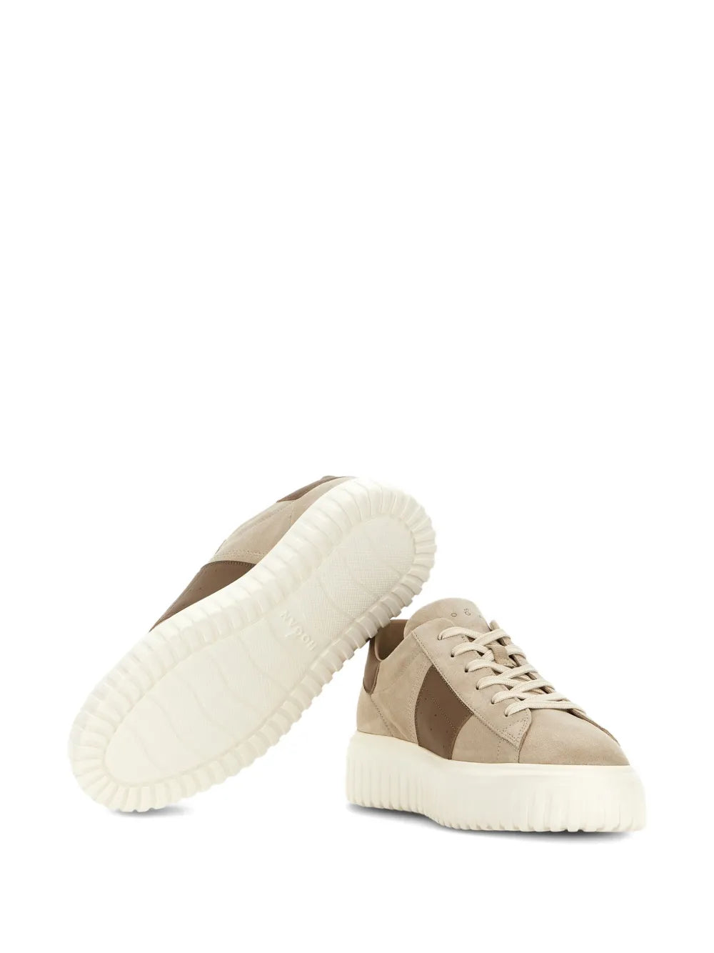 Almond beige Hogan H-Stripes sneakers shown from side with treaded rubber sole
