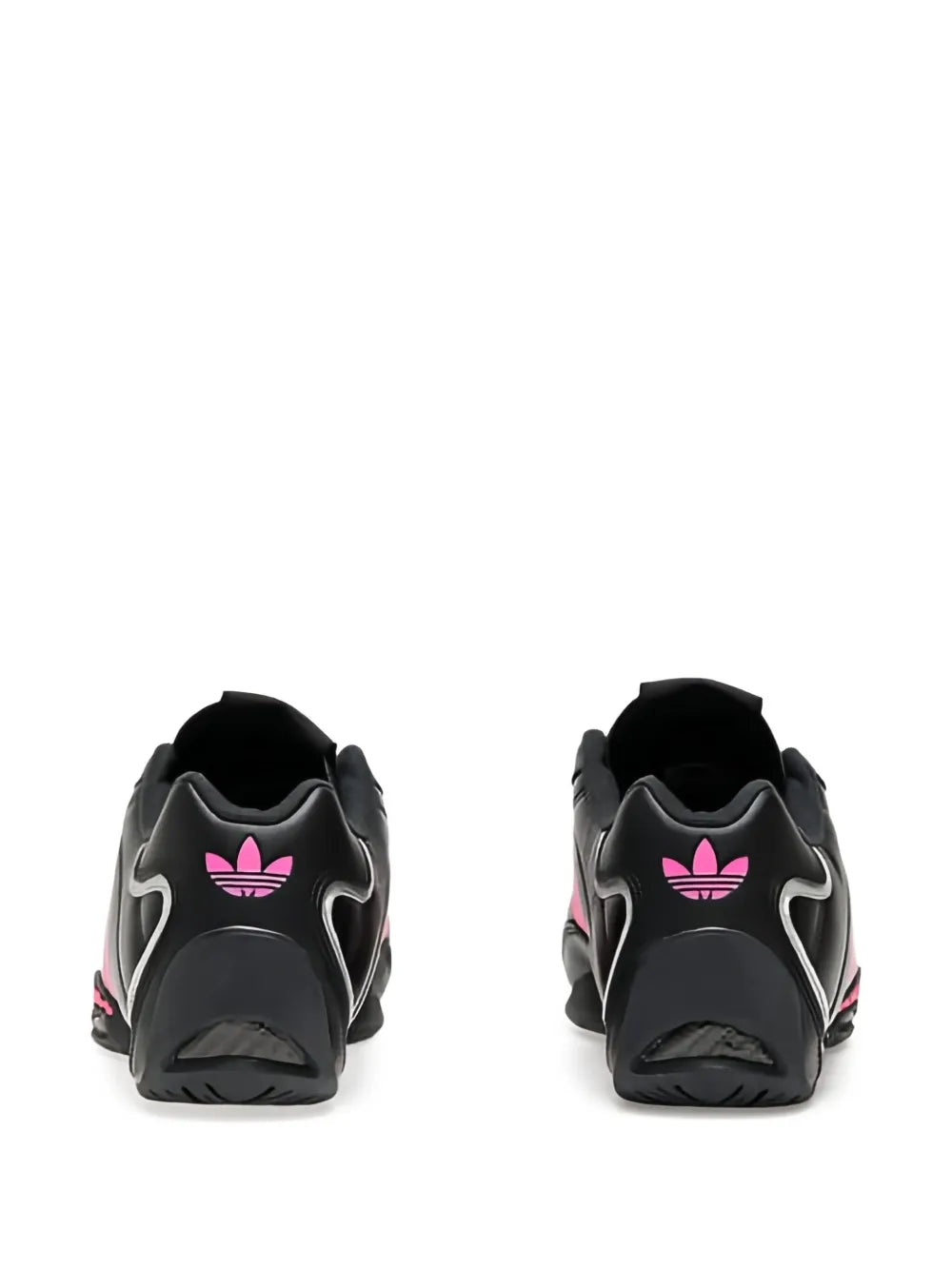 Back view of black low-top sneakers with pink Trefoil-style logo and padded collar