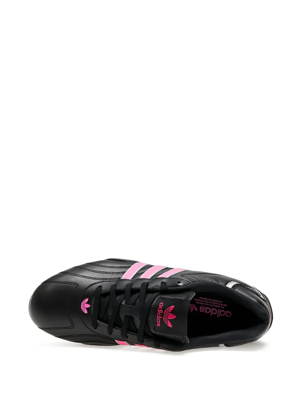 Black sneaker outsole view with pink stripes branding and lace-up upper