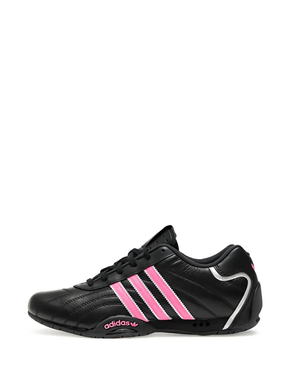Side view of black low-top sneakers with pink 3-Stripes, black laces, and white trim