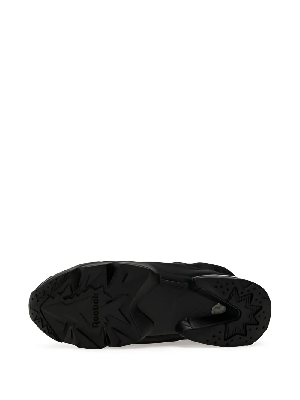 Black sneaker bottom tread view with embossed logo details