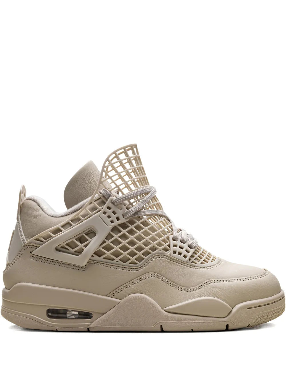 Light brown Jordan 4 Retro sneaker with mesh panels and lace-up net collar