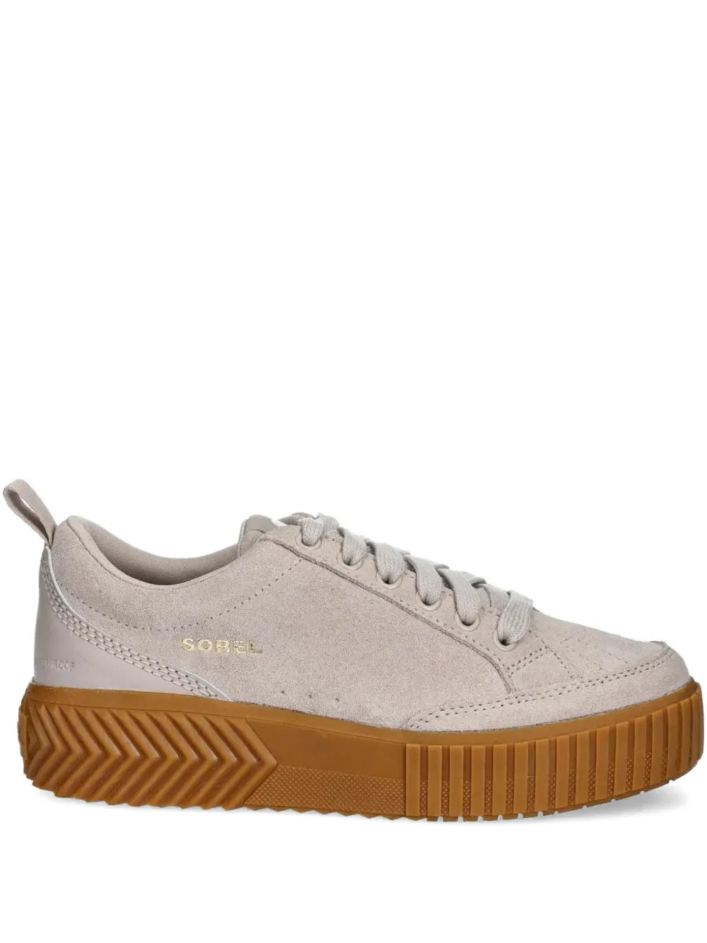 Beige suede low-top lace-up sneaker with ridged rubber sole