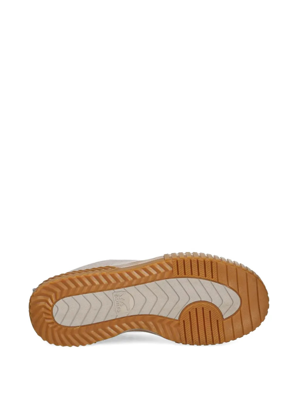 Beige sneaker outsole with textured traction tread on orange-brown rubber