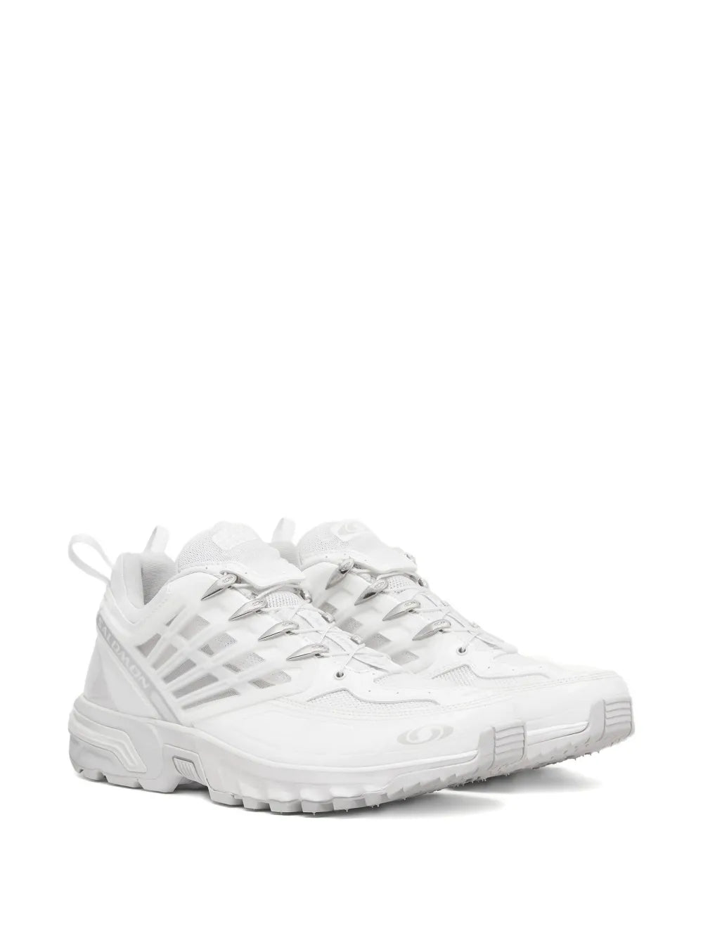 White logo-print sneakers with lace-up design and thick rubber outsole, side front view