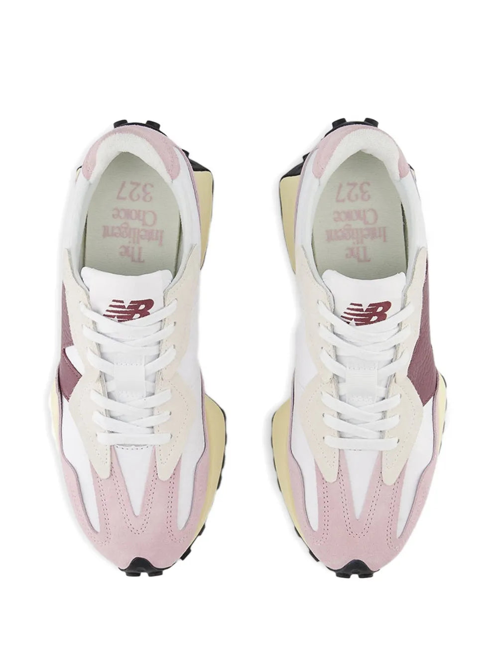New Balance 327 sneakers in light pink and white with laces and N logo
