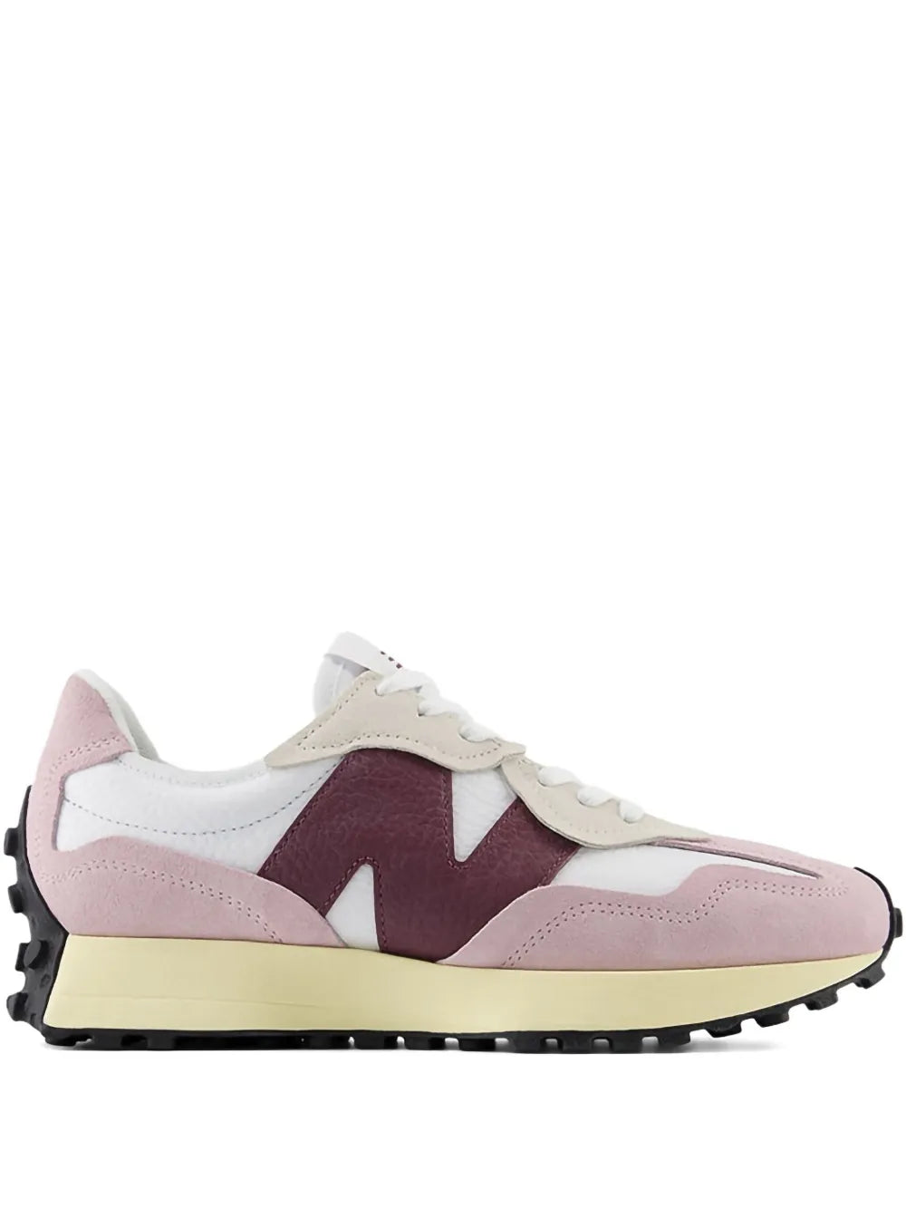 New Balance 327 sneakers in light pink with purple panels and white laces