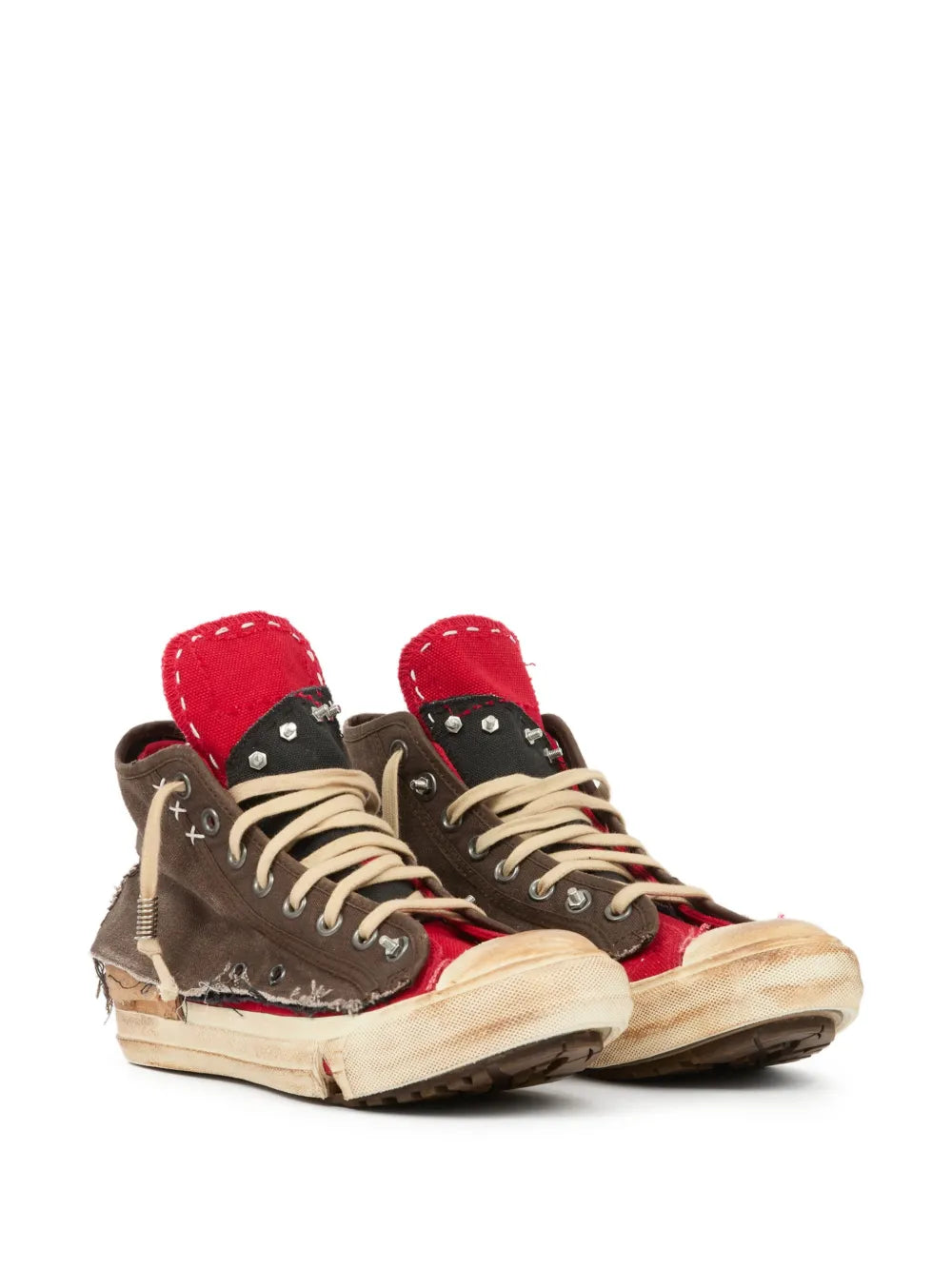 Brown high-top sneakers with red padded collars, beige laces, and distressed details