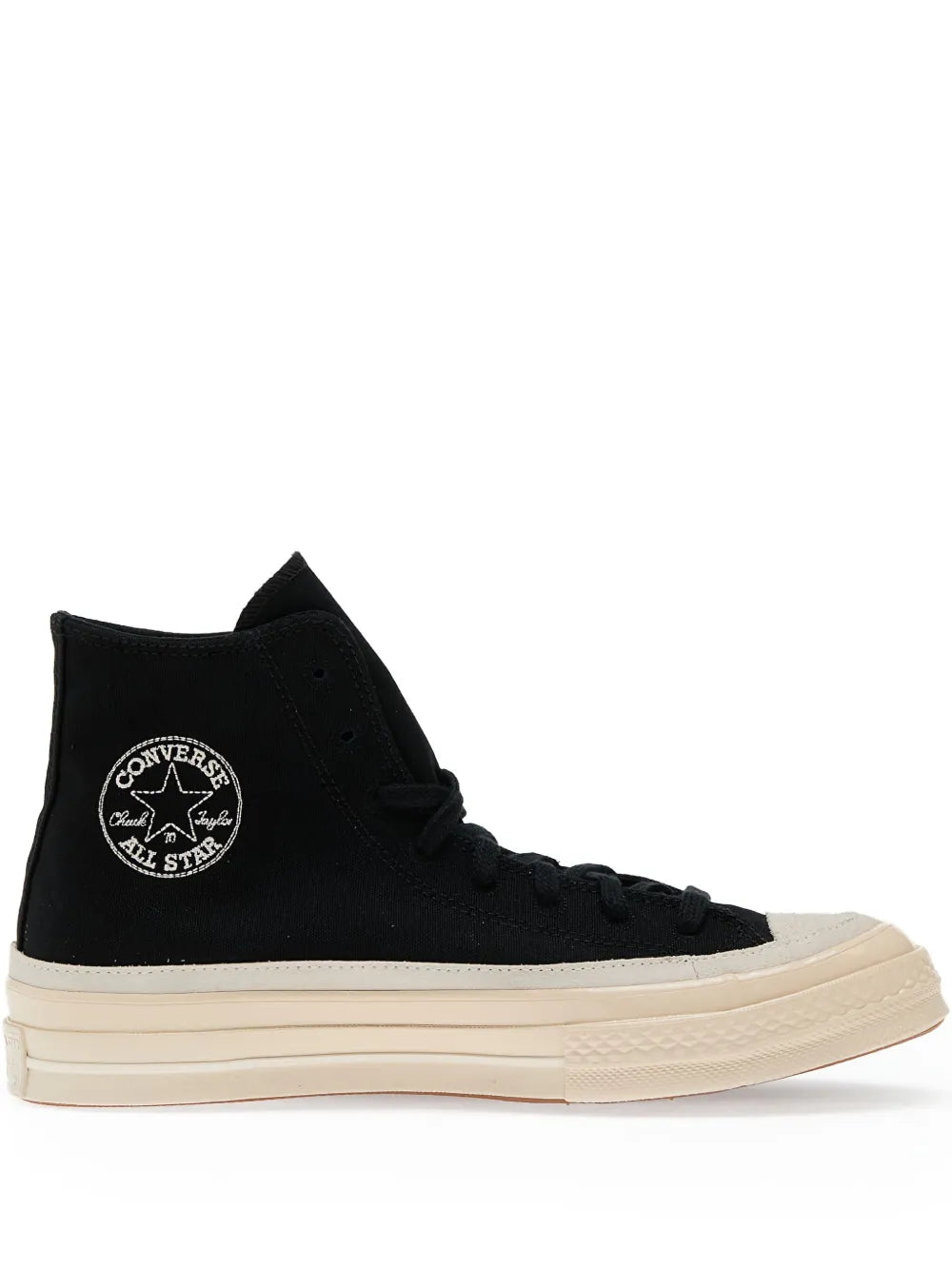 Black high-top lace-up sneaker with Converse ankle patch and off-white rubber sole