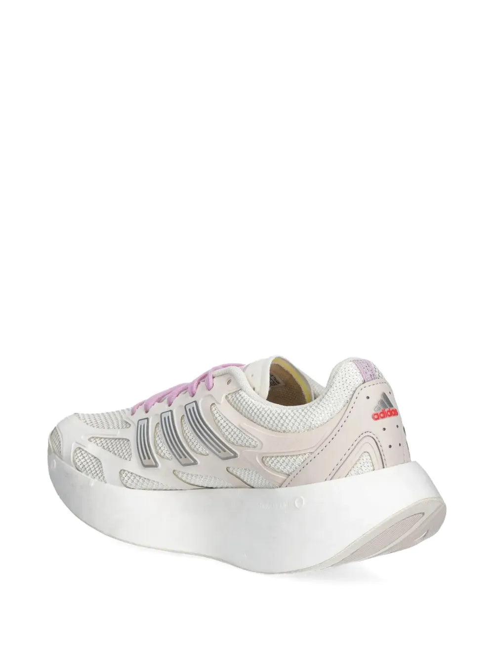 White Adidas running shoe with purple laces, rear logo, and thick platform sole
