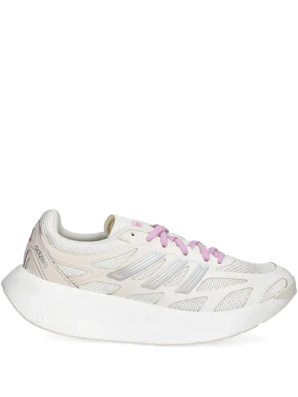 White Adidas running shoe with purple lace-up and textured mesh upper
