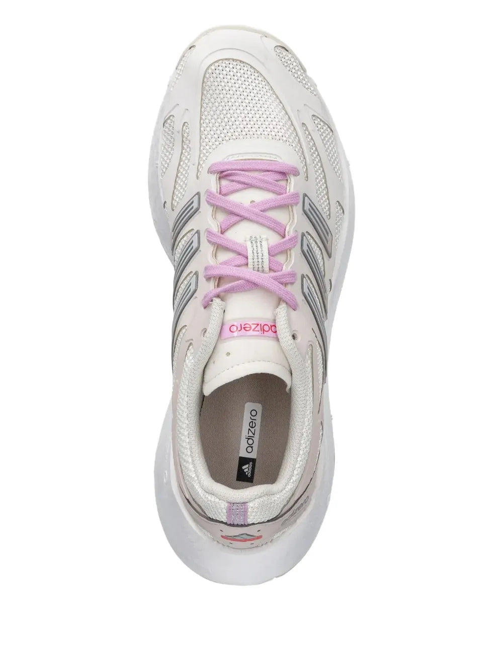 White Adidas shoe tongue and lace-up with purple laces; mesh upper vents