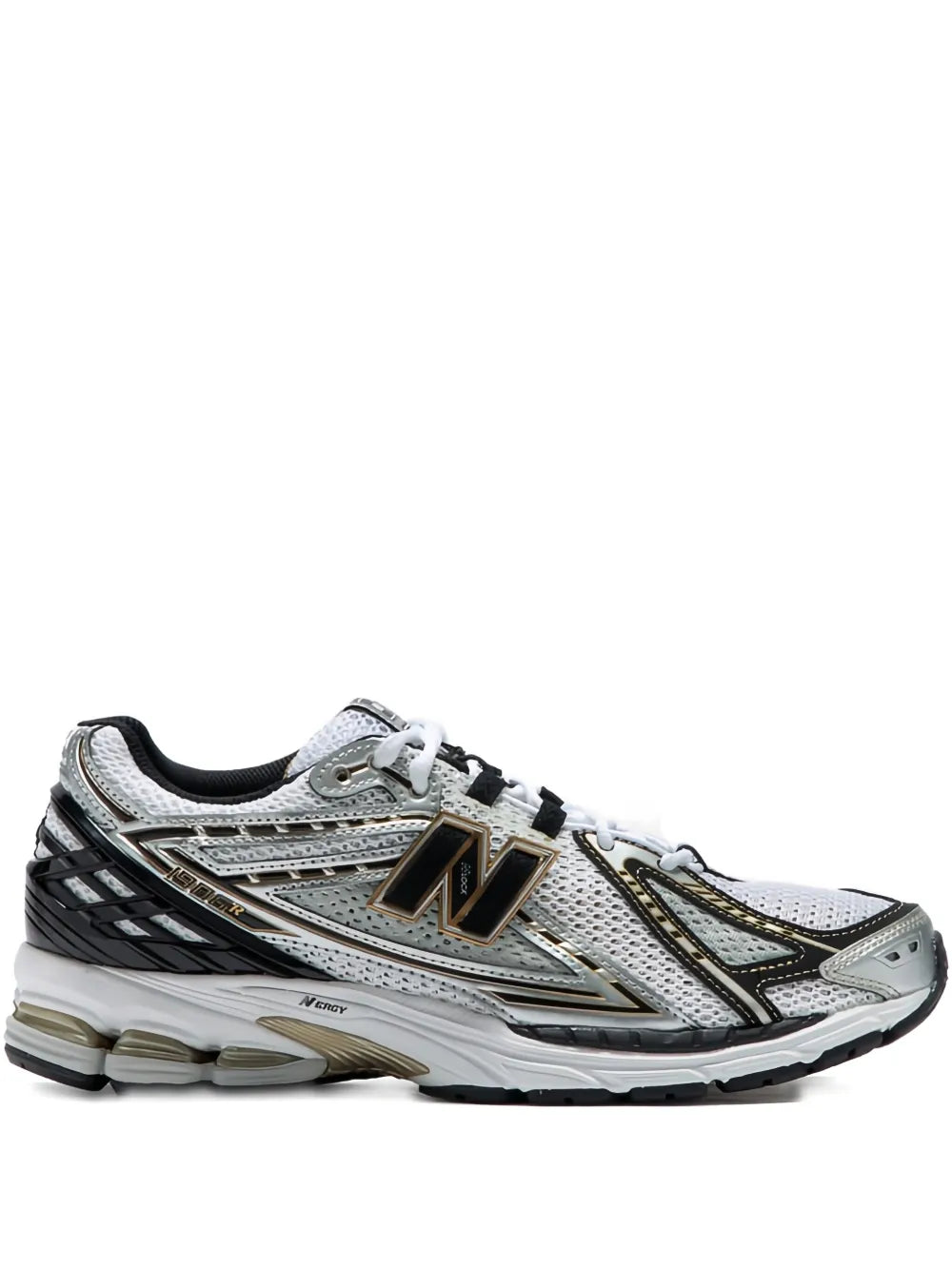 Light grey and gold New Balance 1906R style trainers with black heel detail