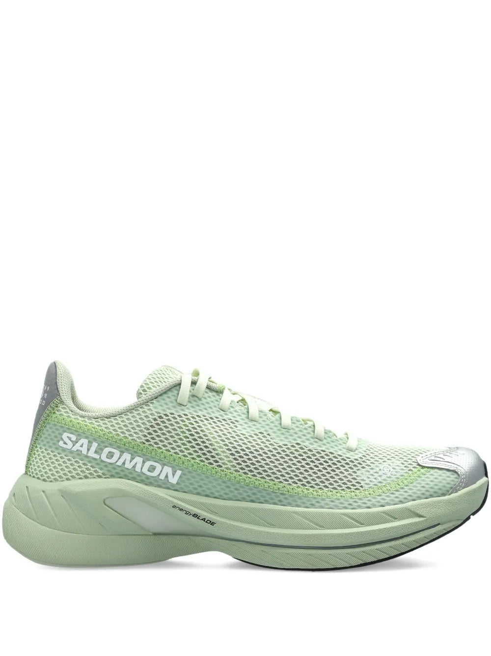 Light green mesh running sneakers with SALOMON logo, lace-up front and thick sole