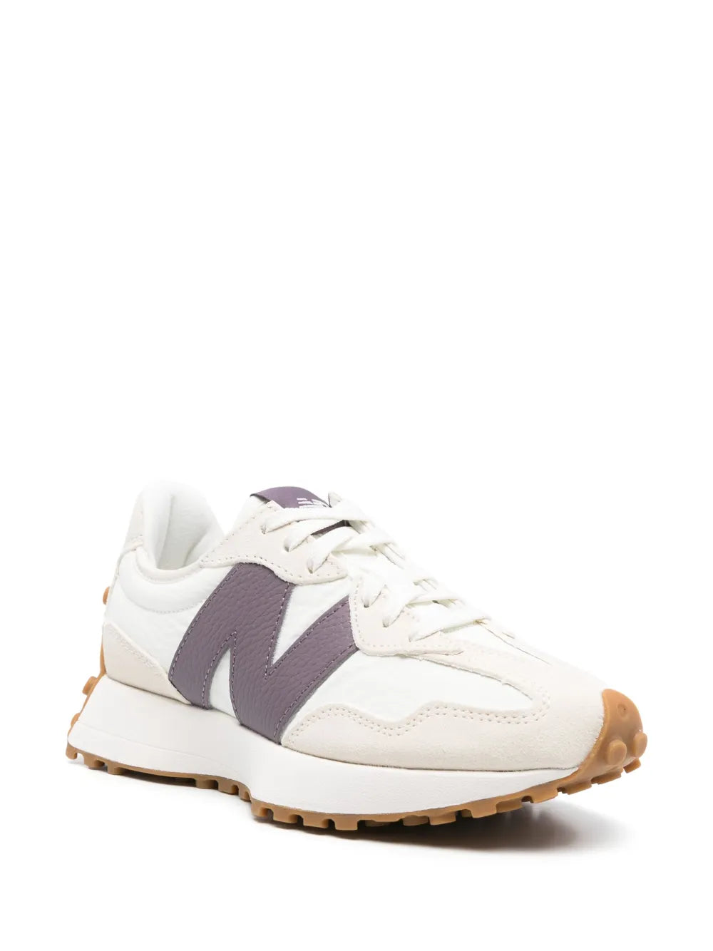 White low-top sneaker, purple side panel and heel, gum rubber outsole