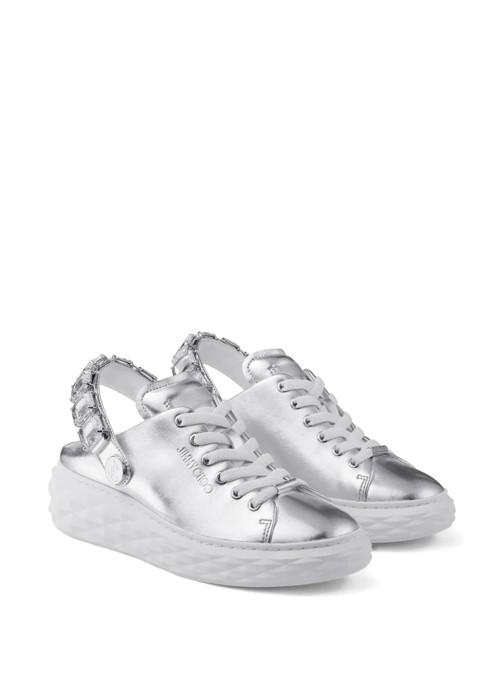 Metallic silver sneakers with rhinestone-embellished strap and white platform sole