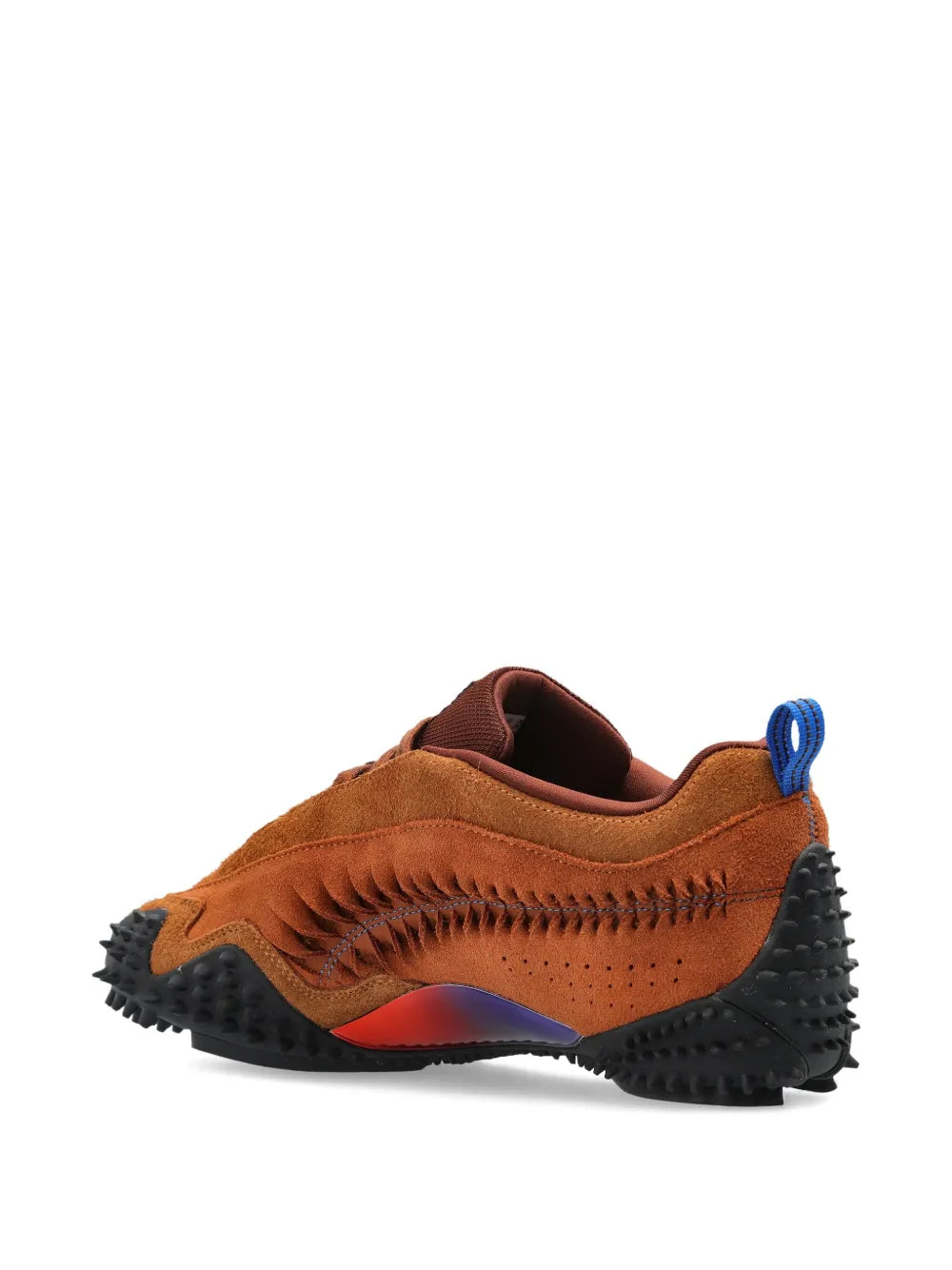 Brown low-top sneaker heel view with blue pull tab and black tread sole