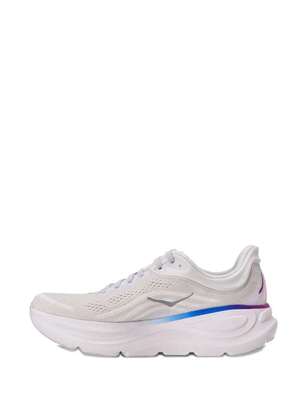 White HOKA running shoe side view with blue outsole stripe and HOKA logo on upper