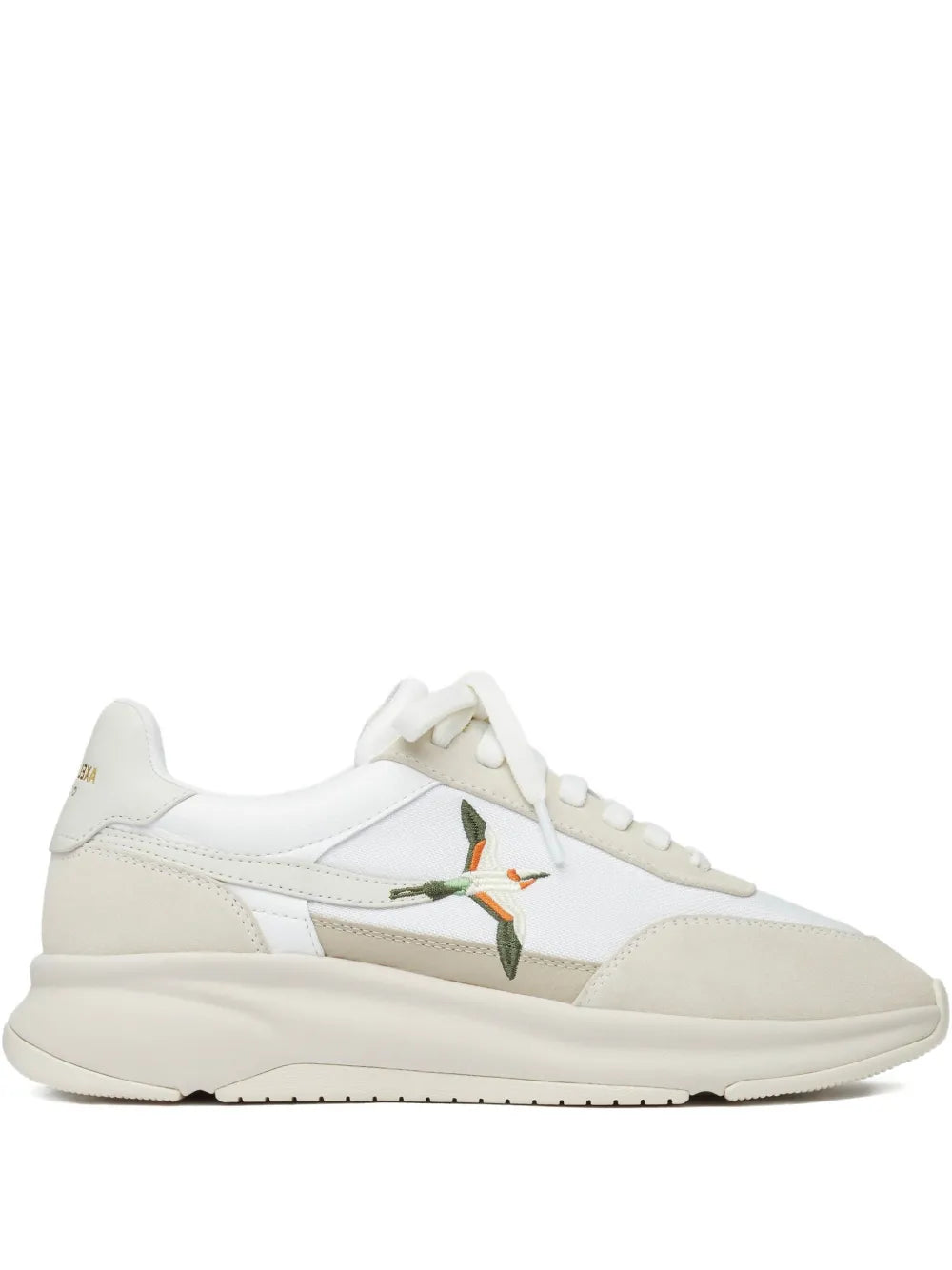 White runner sneakers with bird graphic, lace-up, beige sole