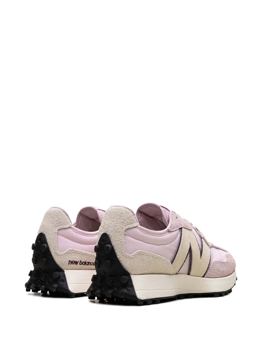 Pink and cream sneaker heels with New Balance text and black tread outsole