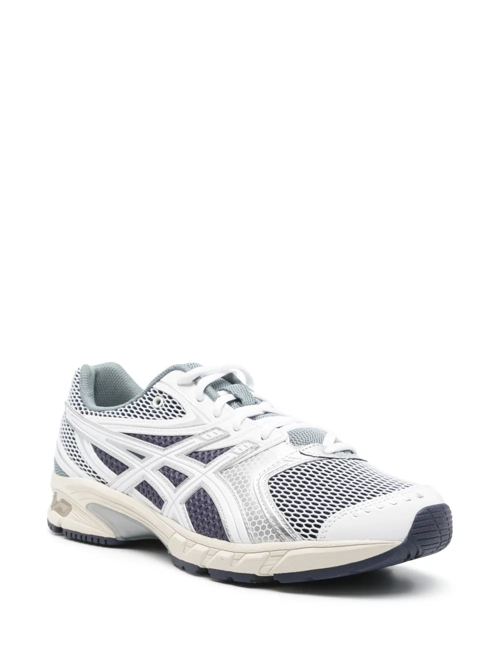 ASICS Gel-Ds 14 running shoe, white mesh upper with gray sole and navy stripe
