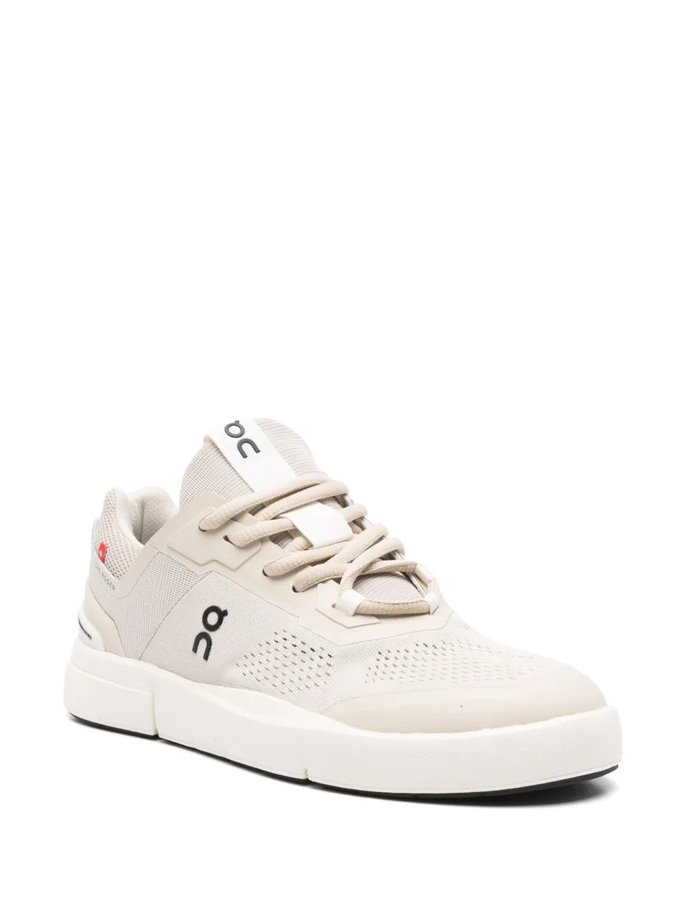 Beige On lace-up sneaker with perforated side panel and white rubber sole