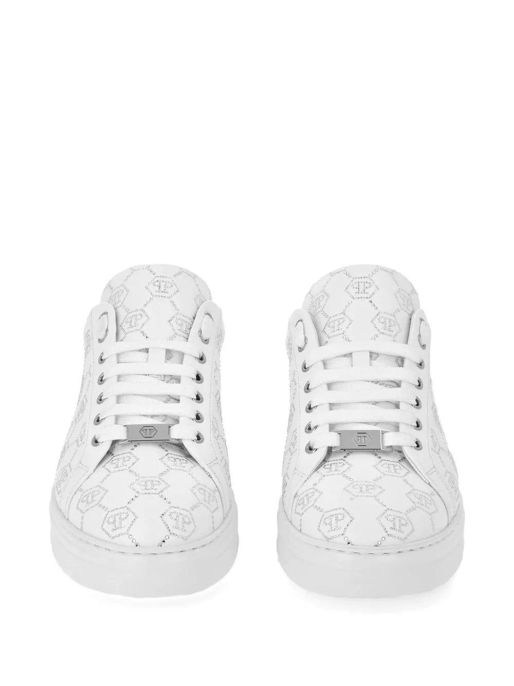 Pair of white lace-up sneakers with monogram strass motif and metallic logo plaque