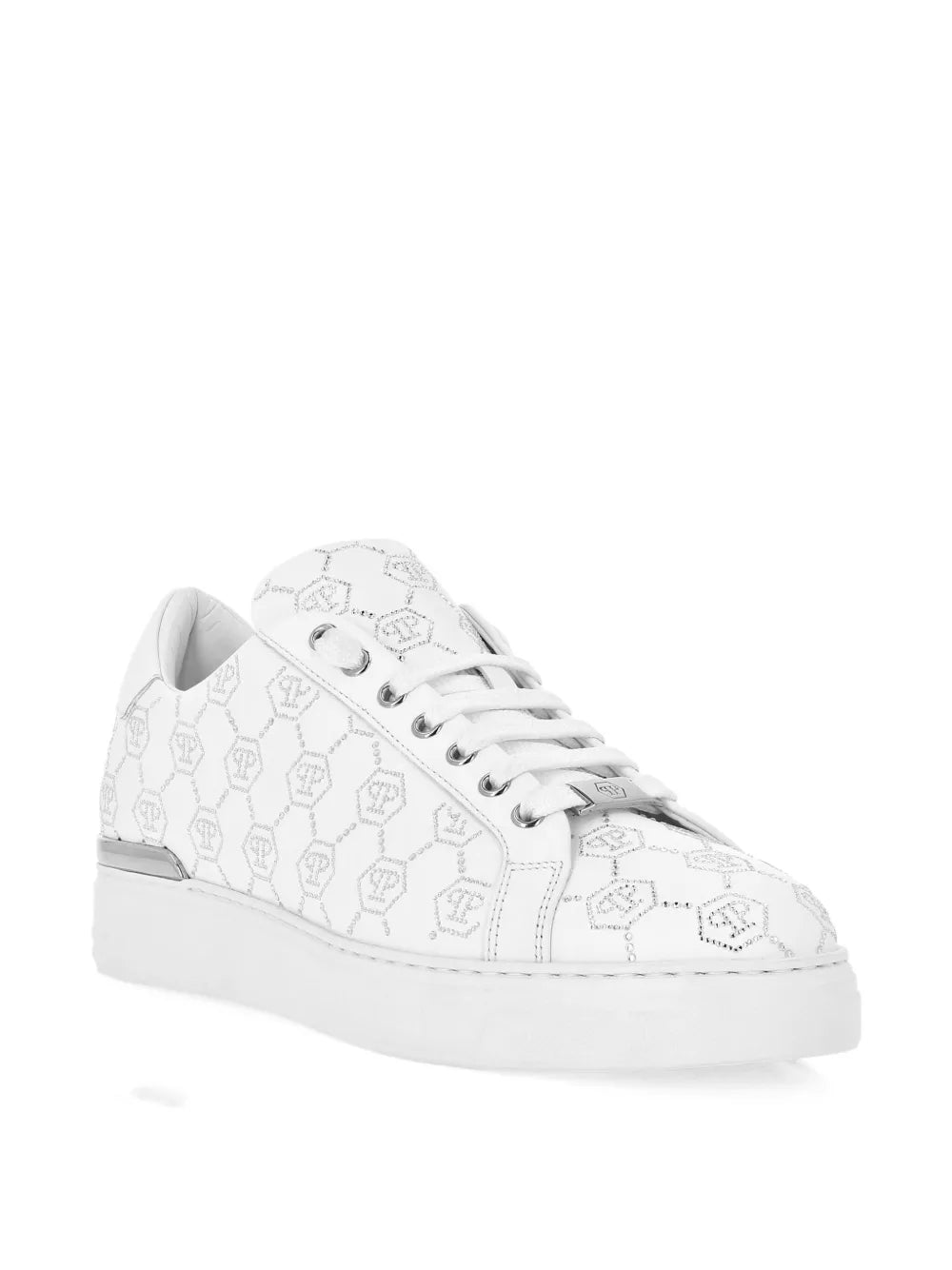 White lace-up sneakers, all-over monogram strass design and white rubber sole