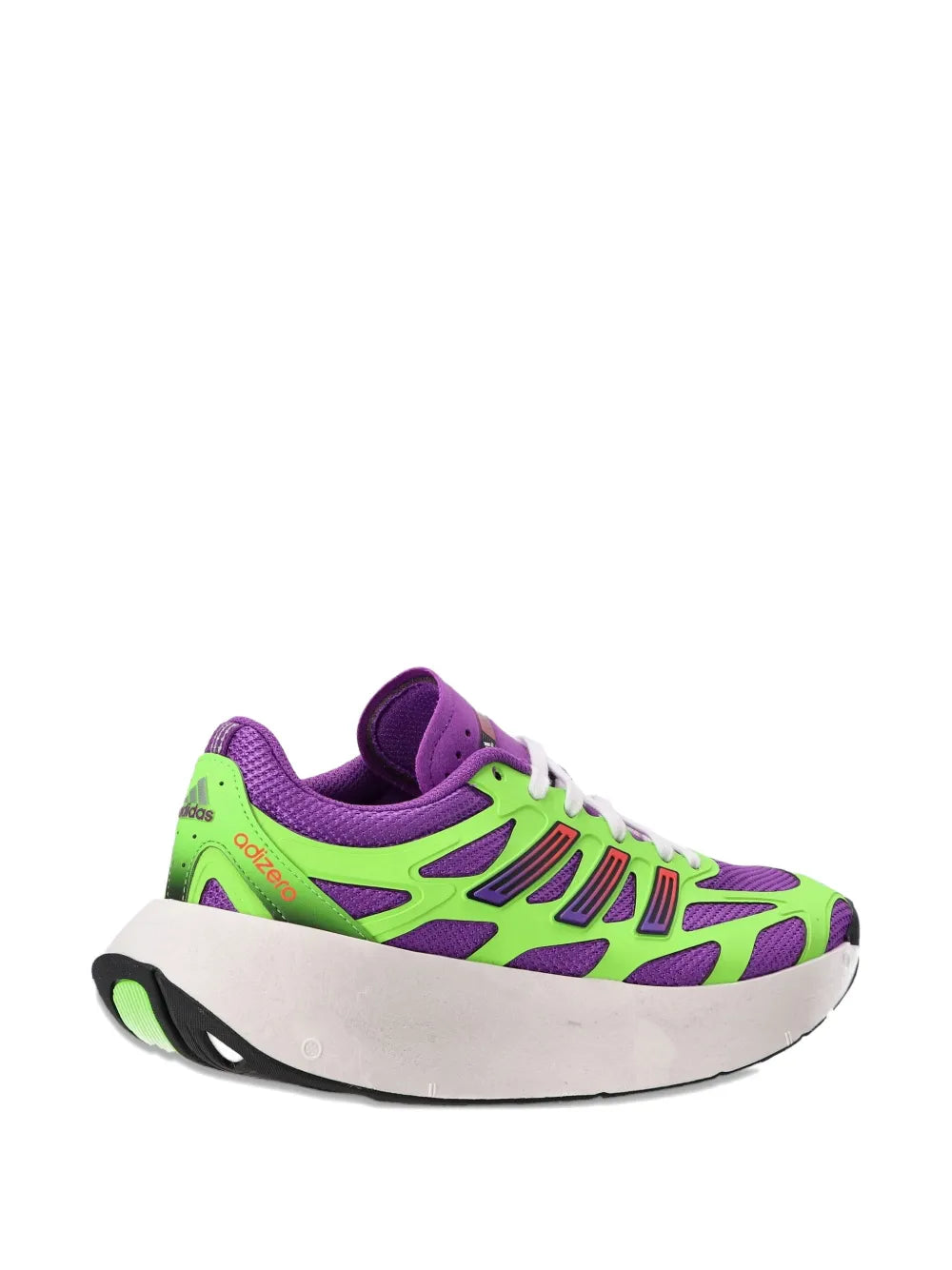 Purple and lime lace-up running shoe angled view with cushioned gray sole