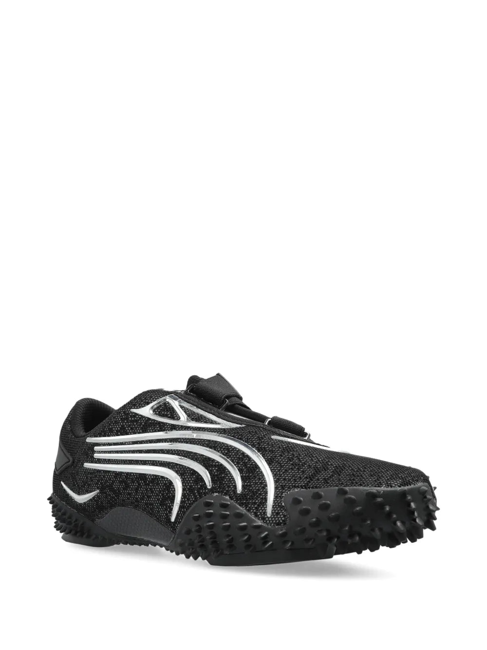 Black low-top trail sneaker with silver wave stripes and rubber traction studs