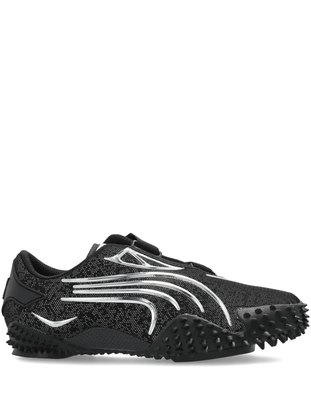 Black trail sneaker with silver wave graphics and studded rubber outsole