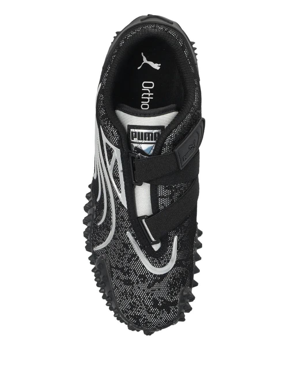 Black sneaker with mesh tongue lining and PUMA logo, studded rubber sole